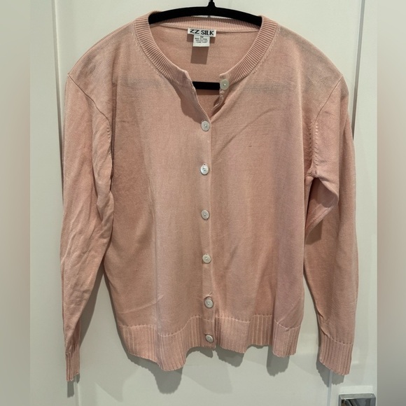 100% silk baby Pink cardigan cottagecore y2k casual career wear A32 - Picture 3 of 7